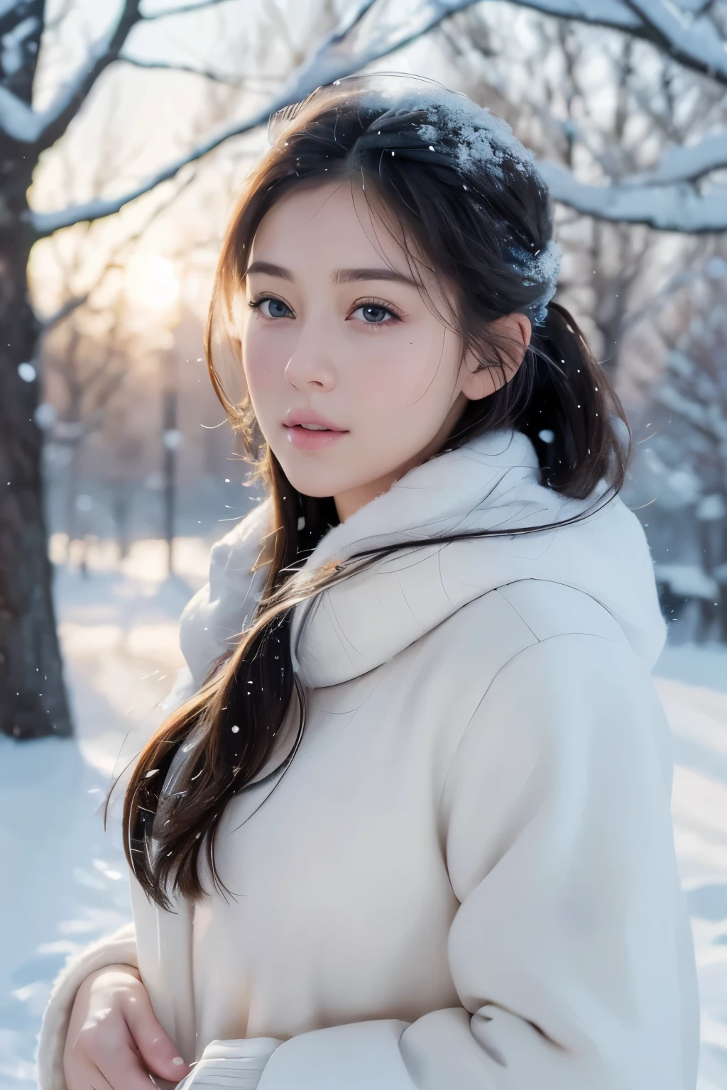 (best quality,4K,8K,mackerel,masterpiece:1.2),very detailed,realistic,photorealistic:1.37,portrait,painting,illustration,It&#39;s snowing outside,Beautiful long ponytail girl,Snowflakes falling gently,outdoor winter scene,Cold Weather,cozy winter atmosphere,tranquil expression,Warm winter clothes,Fresh air,quiet surroundings,미묘한 빛과 painting자,delicate facial features,sparkling eyes,pink cheeks,snow covered trees,peaceful atmosphere,calm color palette,The play of light on the girl&#39;s face,Breeze,Quiet and quiet environment