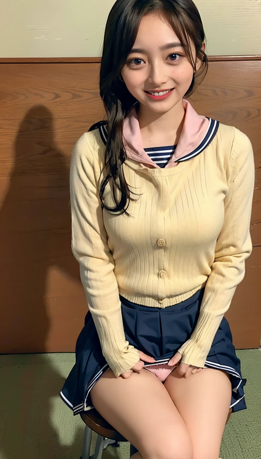 ((highest quality、8k、masterpiece:1.3)),((((fullbody shot)))),Ultra-high resolution,big eyes,Japanese,bangs,(a girl),(1 girl),((20 years old)),((facing at viewer)),(long hair),(((black sailor uniform))),grin,((sitting on chair)),(pleated mini skirt),(((pink panties))),((skirt lift))