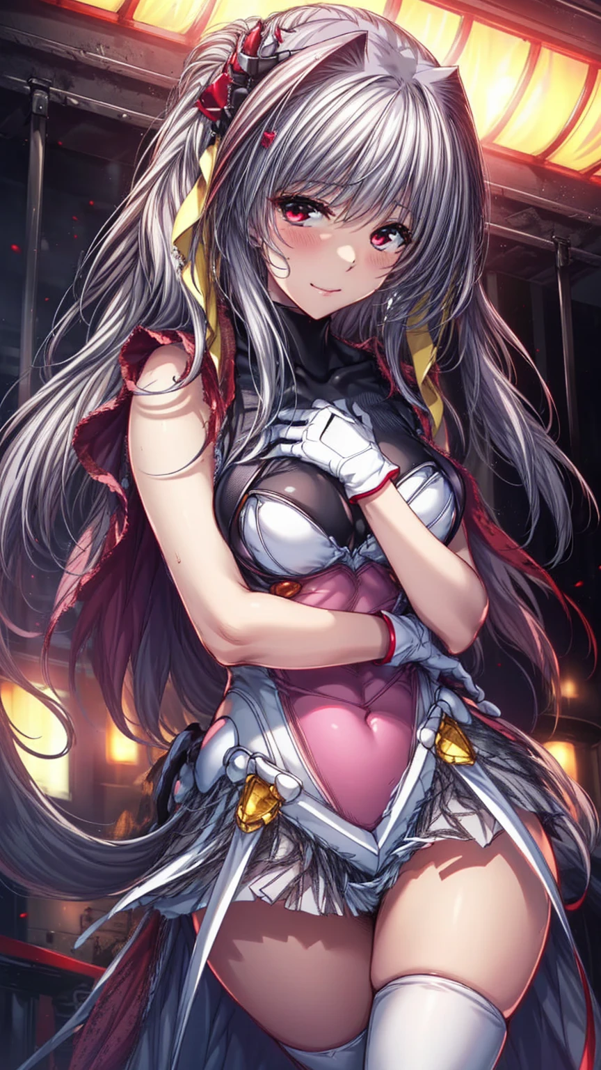 12k,Escalayer,long hair,hair_ornament,red eyes,pink dress,white long glove,thigh_boots, Embarrassing ,blush,,,White ,,masterpiece,Noise Reduction,Perfect Anatomy,High resolution, Super detailed,Game CG,Dutch Angle ,Beautiful attention to detail,Visual Arts,Five Fingers, Perfect hands, Perfect lighting,,red eyes,(Silver Hair:1.6),evil smile,(Inside a futuristic base:1.4)