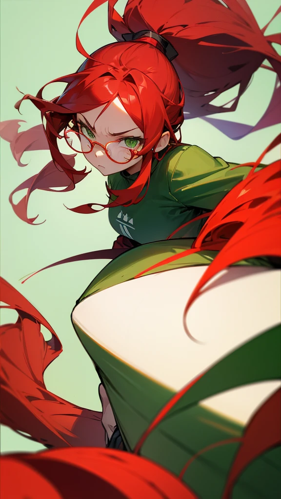 wavy long red hair girl in ponytail, green eyes, serious expression, casual outfit, rectangular glasses