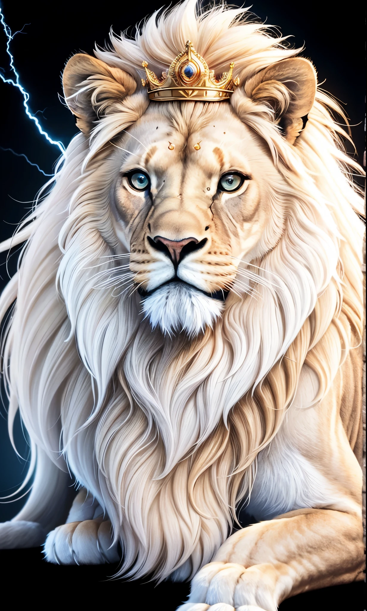 Lion, Divine Lion, naturals, thunder, Realistic Lion, rey, realistic detailed, Sunset light, sky, Sol noturno, realistic detailed 16K, Eletricidade Detalhada 8K, darkness background, Texturas realistas de 8K, Cores photorrealistic 8K, fire azul, realistic detailed Fire Bolt, sky Light Detailed, Power of thunder, Divine realistic, golden crown, golden crown, golden crown, naturey, Linda, Rendering, photorrealistic, UltraHigh definition, 4K, detailed textures, thunder, detailed shadows, detailed colors, neon blue, blue light, lightnings, blue power, Beautiful nature, Great Divine, peaceful face, gold Crown, King, naturalss, lightning, Electric Power Screw, detailed contrast, realistic contrast, high resolution, detailed colors, fire, villany, divine creature, 8K FullHD, realistic detailed, 16K, 8K, High definition, detailed contrast, realistic contrast, high resolution, detailed colors, fire, villany, divine creature, 8K Realistic Lion Face, realistic detailed, posh, elegance