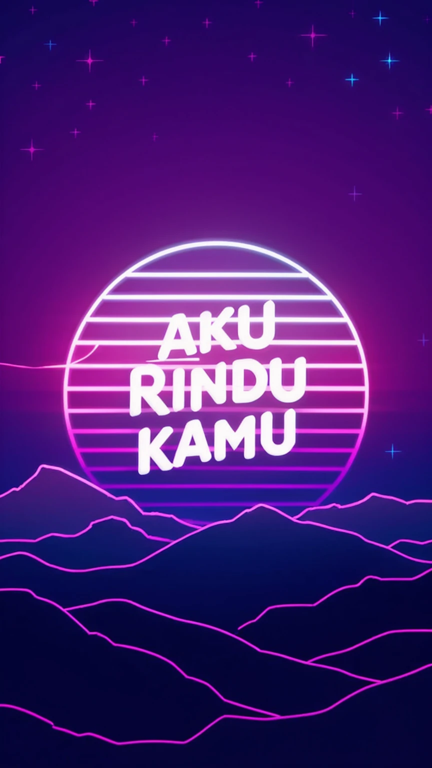 close up of the sun setting purple and blue over the mountains, in the middle write the text "AKU RINDU KAMU" the font is very cool. vaporwave lighting style, vaporwave wallpaper environment, neon synth wave, vaporwave sunrise background, neon landscape, retro wave vibes, retro wave vibes, retro pink synthwave style, synthwave hearts and stars background, aesthetic synthwave, 4k synthwave art style, neon, illustration, typography, poster