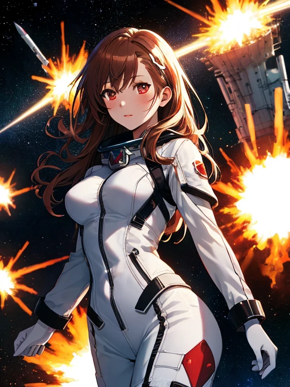 Space War, Space Battleship, positron cannon, Big Explosion, Space Battleship, (masterpiece), highest quality, Misaka Mikoto, 1girl, uhd, retina, masterpiece, ccurate, anatomically correct, textured skin, super detail, high details, high quality, best quality, highres, 4K