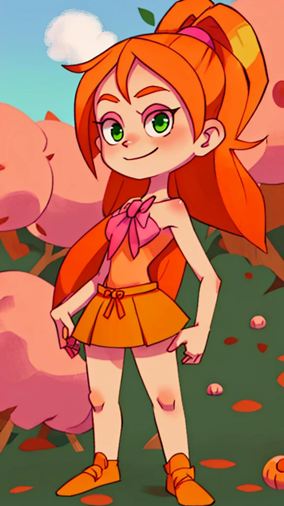 Elizabeth Afton, girl, green eyes, orange hair, long length orange hair, pink bow on her head, evil smug smile, naked, , full body, standing, outside the house. 