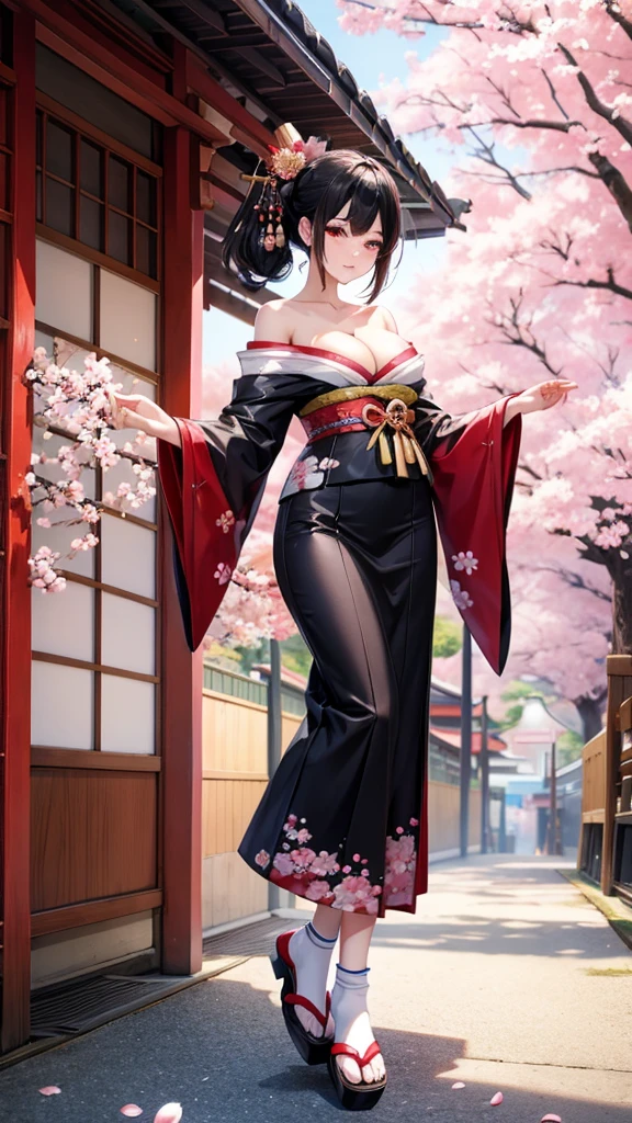 Black hair geisha hairstyle adult women,kimono,Off-shoulder,cleavage,Bare Legs,Japanese Street,Cherry blossoms