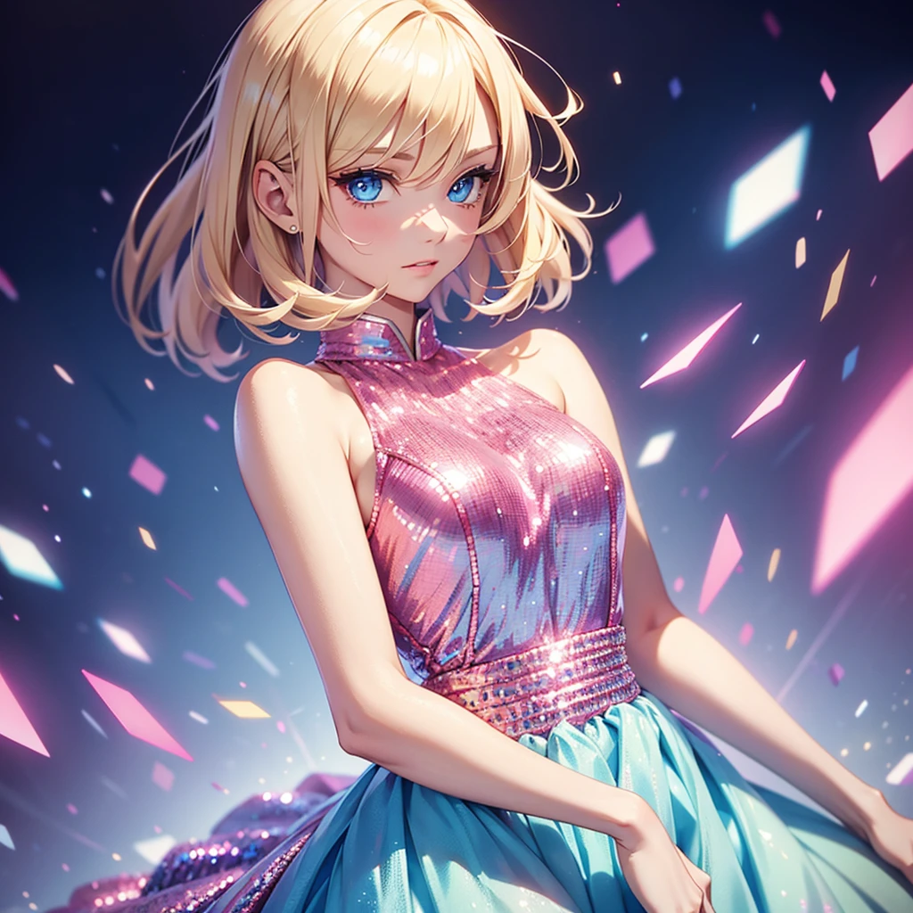 pretty girl, blond hair, medium haircut, in a beautiful pink dress with sequins, blue eyes 