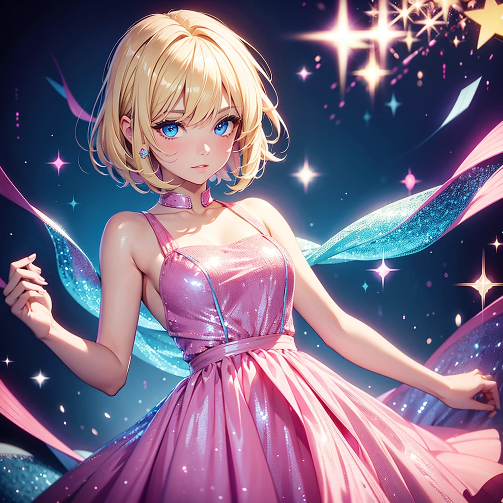 pretty girl, blond hair, medium haircut, in a beautiful pink dress with sequins, blue eyes