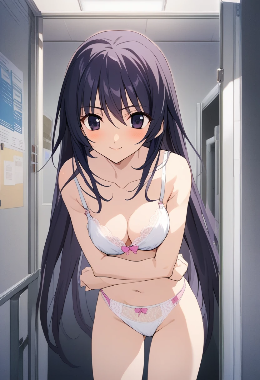 One girl,takano、The whole body is shown、slender body,ideal ratio body proportions,Gentle expression、smile、Eyes open、Arms folded behind back、Leaning forward、looking viewer,panty shot,White lace string panties、White lace string bra,noon、Health Room、、from below,A complete depiction of the human body、masterpiece, Highest quality, Game CG, ultra detailed、highres、extremely detailed CG
