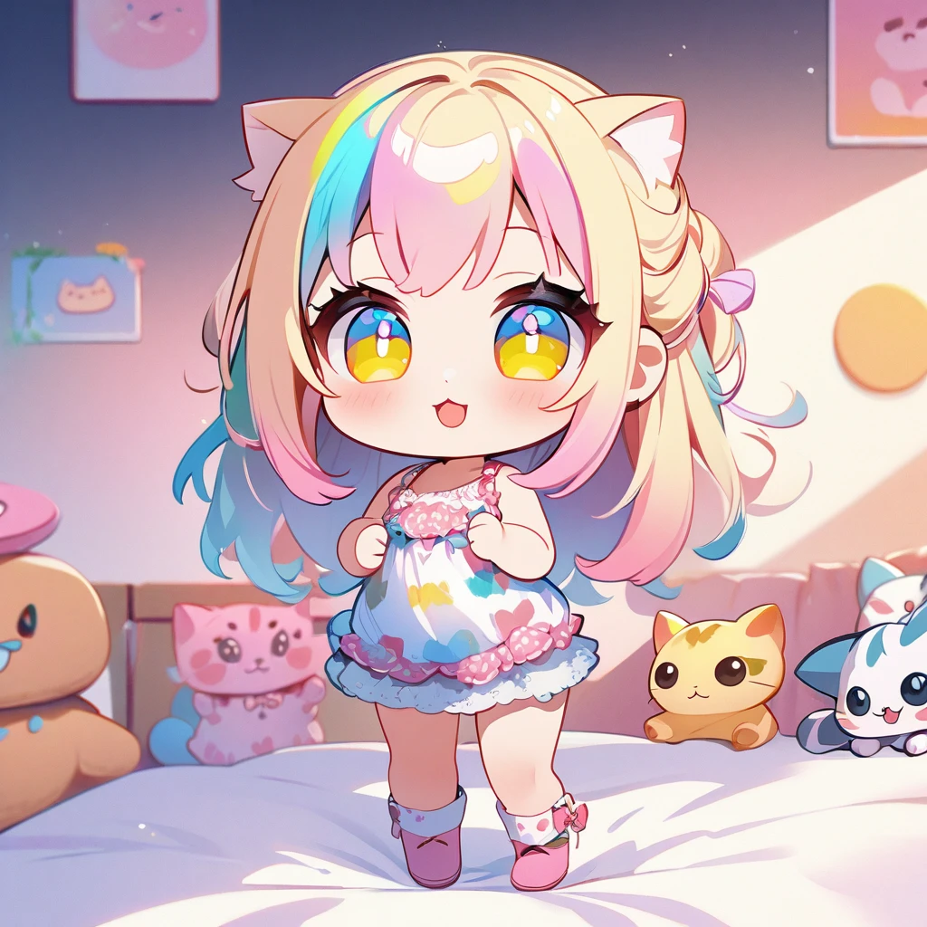 masterpiece、Highest quality、Depth of subject、((2D illustration))、1 beautiful girl、((colorful))、(((chibi style)))、((Long, beautiful hair))、Light blonde、ribbon、cute、Beautifully detailed eyes、Tank top、((mini skirt))、(((vivid color))、((bed))、stuffed toy、((full body shot))、((Very happy face))、(( cat))、((There&#39;s a lot of pink around))、((Lens flare))、White light is shining、Sunbeam、My whole body was filled with light、Cinematic lighting、Full body lighting