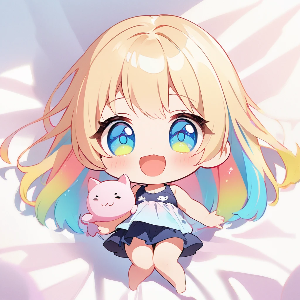 masterpiece、Highest quality、Depth of subject、((2D illustration))、1 beautiful girl、((colorful))、(((chibi style)))、((Long, beautiful hair))、Light blonde、ribbon、cute、Beautifully detailed eyes、Tank top、((mini skirt))、(((vivid color))、((bed))、stuffed toy、((full body shot))、((Very happy face))、(( cat))、((There&#39;s a lot of pink around))、((Lens flare))、White light is shining、Sunbeam、My whole body was filled with light、Cinematic lighting、Full body lighting