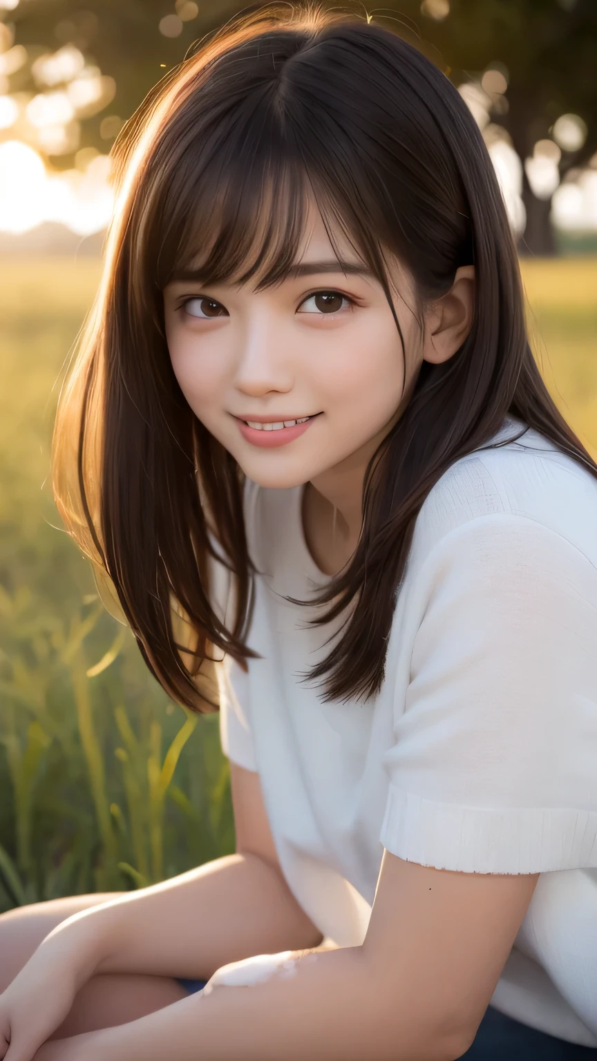 closeup shot , Best picture quality (8K, high resolution, Masterpiece: 1.2), super detailed, 215 Short Hair, 16-year-old woman,
situation: In the sunset-colored grassland、A woman blowing soap bubbles。
clothing: Long skirt、Lightweight sweater、sneakers。
angle:
Close-up: Soap bubbles illuminated by the setting sun、A detailed view of a woman's face against a sunset。
Detailed depiction: The beautiful sunset sky、With the vast grassland as a background、Emphasise the romantic atmosphere。
Emotional moment: Enjoying the sunset and bubbles、Capture the moment soap bubbles sparkle in the light of the setting sun。
, Close-up of face
, random cute pose ,big eyes ,Puffy eyes , Heart Pupil, blush , huge shy smile , salute