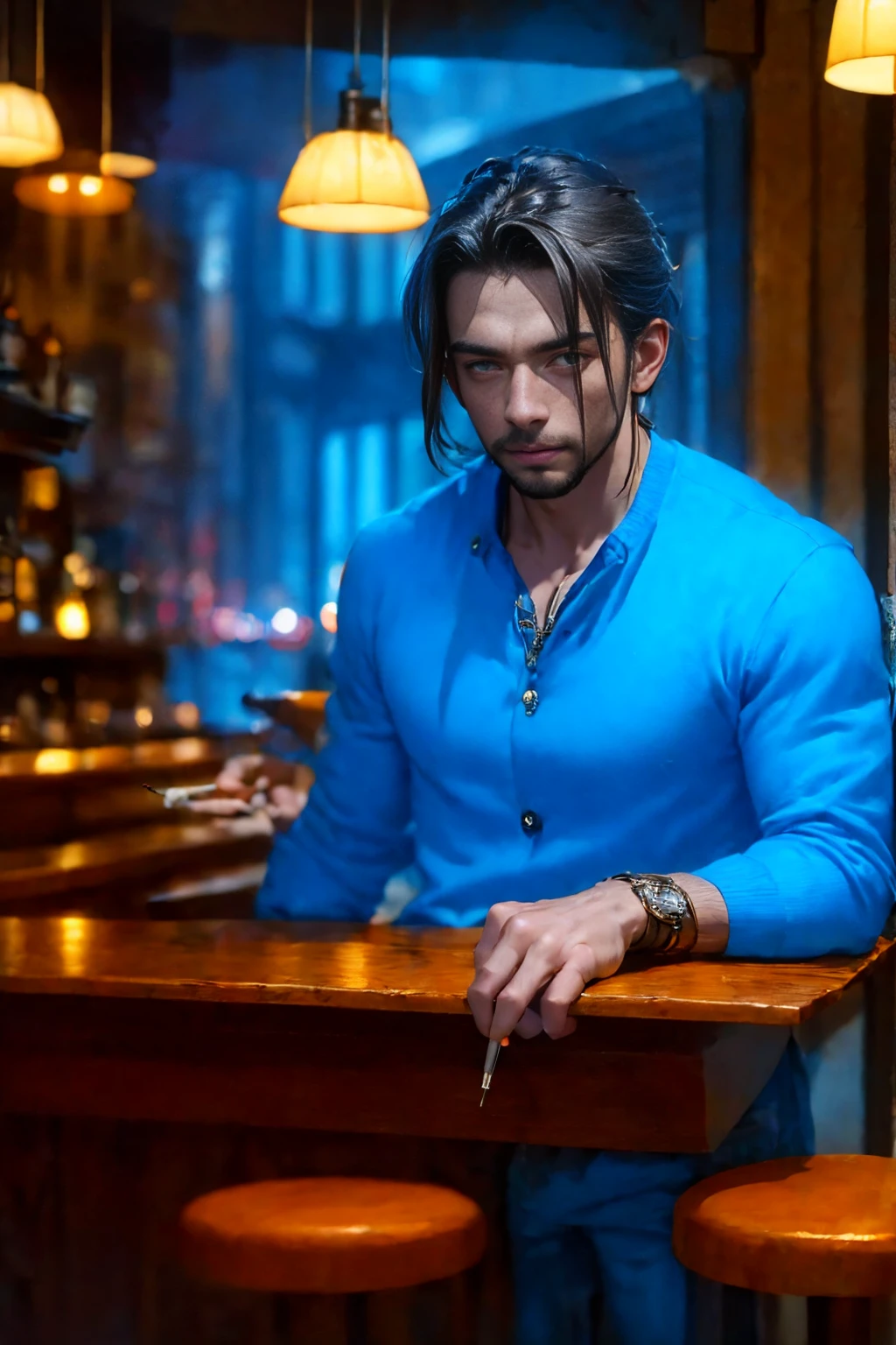 a man sitting at a bar counter, talking to the bartender, smoking a cigarette, elegant bar interior, warm lighting, detailed face and expression, high-quality photorealistic, cinematic composition, intricate details, chiaroscuro lighting, moody atmosphere, muted color palette