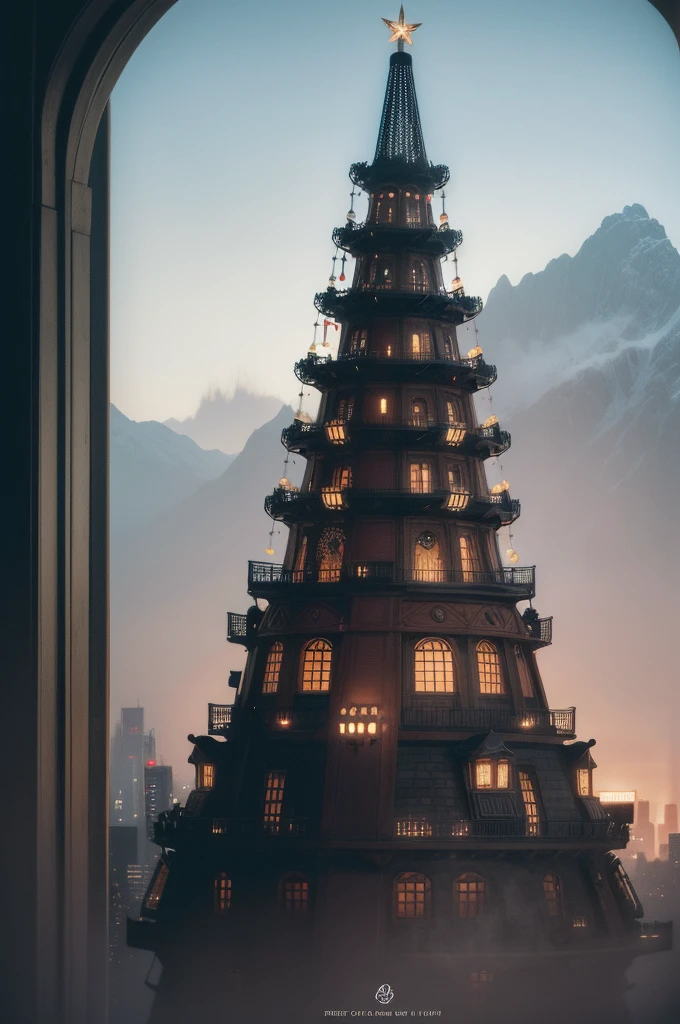 abstract colors, texture, film grain, skin pores:0.2 (tilt shift photography)1.2, intricate dramatic portrait of a beautiful (windblown)1.2 scifi steampunk (medieval fantasy magical christmas tree)1.2 on top of a rocky mountain overlooking a futuristic (solarpunk)1.2 city, foggy morning, cinematic movie still frame, blade runner 2049, punk hair style, altered carbon, (analog style)1.3 (film grain)1.3, (best quality, high quality, absurdres, intricate detail, masterpiece, cinematic), highly detailed, motion blur, film grain, noise, lens effects,