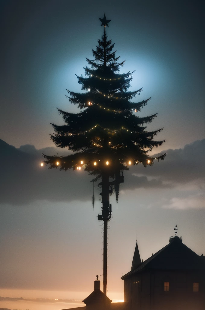 abstract colors, texture, film grain, skin pores:0.2 (tilt shift photography)1.2, intricate dramatic portrait of a beautiful (windblown)1.2 scifi steampunk (medieval fantasy magical christmas tree)1.2 on top of a rocky mountain overlooking a futuristic (solarpunk)1.2 city, foggy morning, cinematic movie still frame, blade runner 2049, punk hair style, altered carbon, (analog style)1.3 (film grain)1.3, (best quality, high quality, absurdres, intricate detail, masterpiece, cinematic), highly detailed, motion blur, film grain, noise, lens effects,