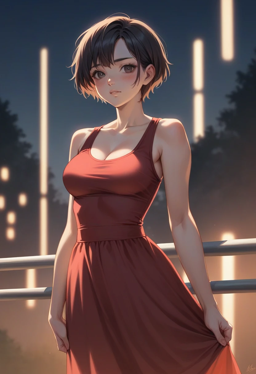 One girl, cowboy shot of beautiful There is, View your viewers, Red dress, Black Hair, blush, short hair, Sports Day Night, Volumetric lighting, Highest quality, masterpiece, Intricate details, Tone Mapping, Sharp focus, Super detailed, Trending on Art Station, There is, Realistic