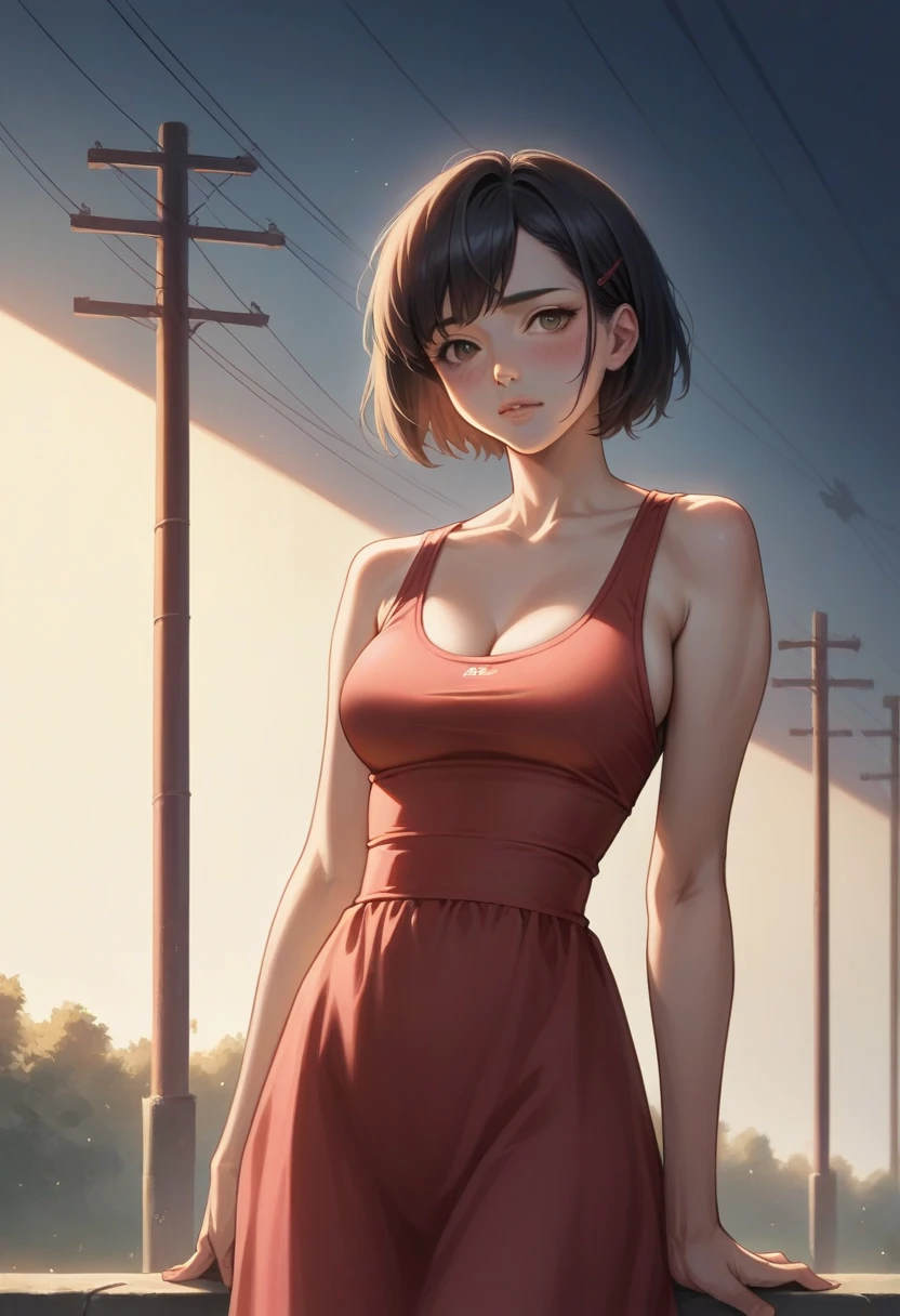 One girl, cowboy shot of beautiful There is, View your viewers, Red dress, Black Hair, blush, short hair, Sports Day Night, Volumetric lighting, Highest quality, masterpiece, Intricate details, Tone Mapping, Sharp focus, Super detailed, Trending on Art Station, There is, Realistic 