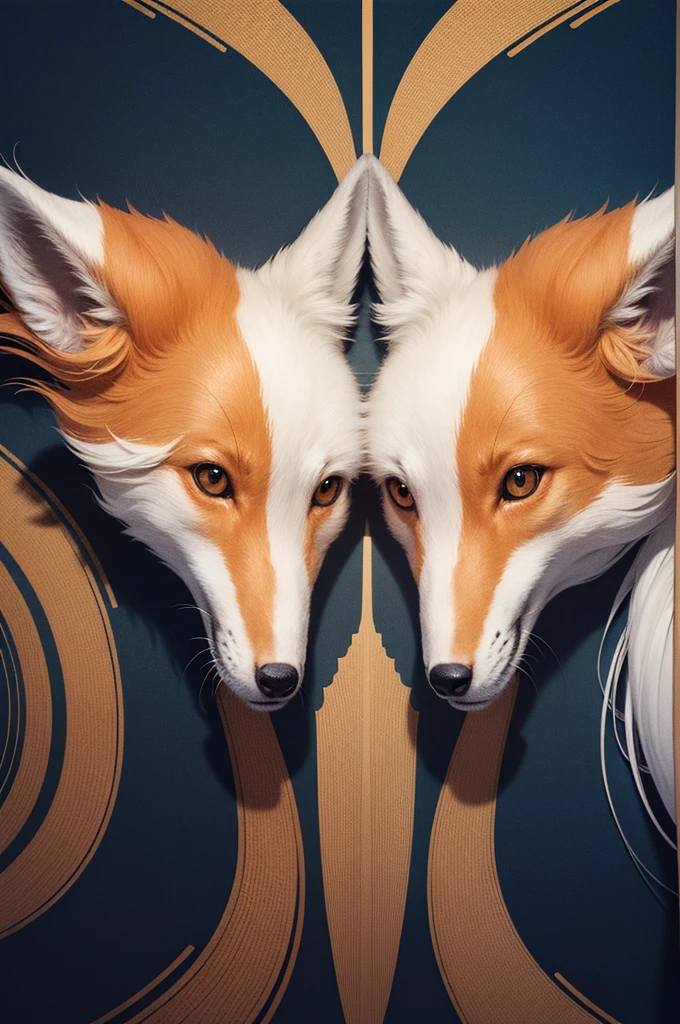 Beautiful fluffy haired Fox, Sandi Sylvestre mixed fractal zentangle abstract abstract vector fractal, wave function, shading abstract art complementary colors fine details, golden ratio, symmetrical, rule of thirds, geometric bauhaus
