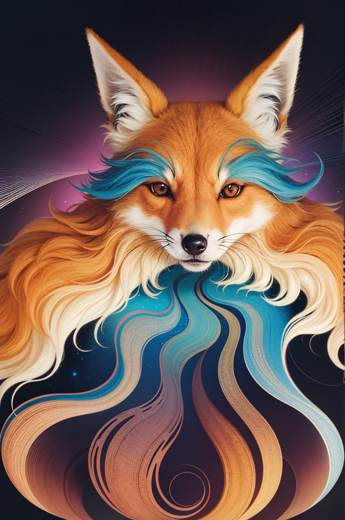 Beautiful fluffy haired Fox, Sandi Sylvestre mixed fractal zentangle abstract abstract vector fractal, wave function, shading abstract art complementary colors fine details, golden ratio, symmetrical, rule of thirds, geometric bauhaus