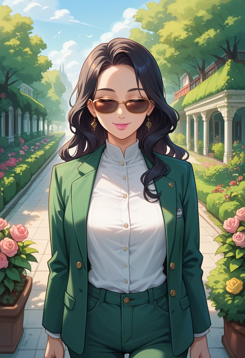 5D caricature of a beautiful woman of the best quality, 20 year old woman, solo, chibi cartoon portrait wearing an office jacket and matching trousers, walking on a beautiful green garden highway, natural scenery background, long flowing black hair, pink lips, shirt black, sunglasses, smile on his face, eyes closed