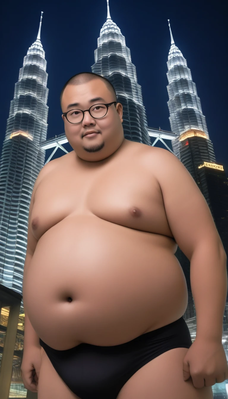 A fat man,Obsessed with the eyes,Black round glasses,short hair,Round inches,Big round face,Very large and well-developed chest muscles,Big full belly,Standing on the Petronas Twin Towers in Kuala Lumpur at night,The upper body is bare,Wearing black briefs with a bulge in the crotch,Oriental male,full-body shot