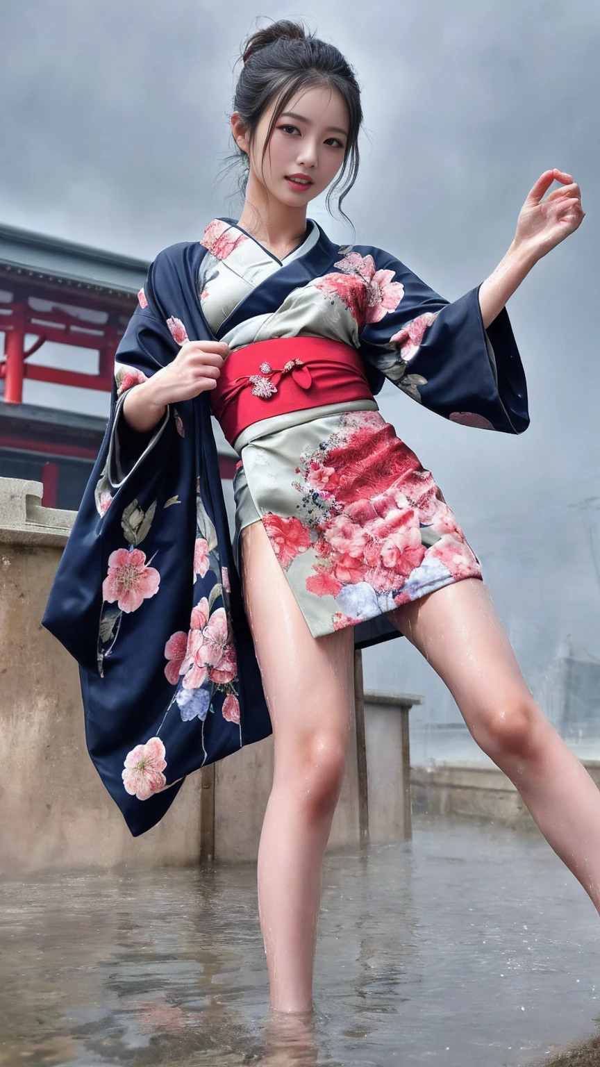 最high quality、high quality、Best image quality、8K、最High resolution、High resolution、最high quality、masterpiece、RAW Photos、whole body写真、Detailed and realistic human body、Detailed and realistic skin、Realistic face in every detail、Detailed and realistic eyes、Detailed and realistic lips、Detailed and realistic teeth、Detailed and realistic ears、Detailed and realistic hair、Realistic reproduction of every detail、((Beautiful Hands(thumb1、reference4))、Realistic feet down to the last detail、((Beautiful Japanese Girl))、(Japanese Model)、18 year old beautiful girl))、(Black Hair)、(Random Hairstyles)、((whole body))、((Slim and perfect figure))、(Flat chest、Small breasts)、(whole body光沢肌、Fair skin)、Mini Chinese Dresini Kimono、Mini Ninja Costume、Japanese tradition、Japanese garden、Rain clouds spreading across the sky、Heavy rain weather、Pouring rain、A storm of wind and rain、((Colorful floral pattern(Sexy Kimono Dresses))、((Pouring rainの中でリラックス(Poses to make your thighs look beautiful))、(Soaked skin from head to toe)、(Kimono soaked in the rain)、(Her body lines are clearly visible in the wet kimono.)
