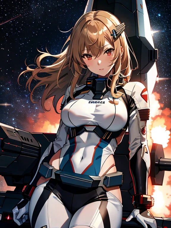 Space War, Space Battleship, positron cannon, Big Explosion, Space Battleship, (masterpiece), highest quality, Misaka Mikoto, 1girl, uhd, retina, masterpiece, ccurate, anatomically correct, textured skin, super detail, high details, high quality, best quality, highres, 4K