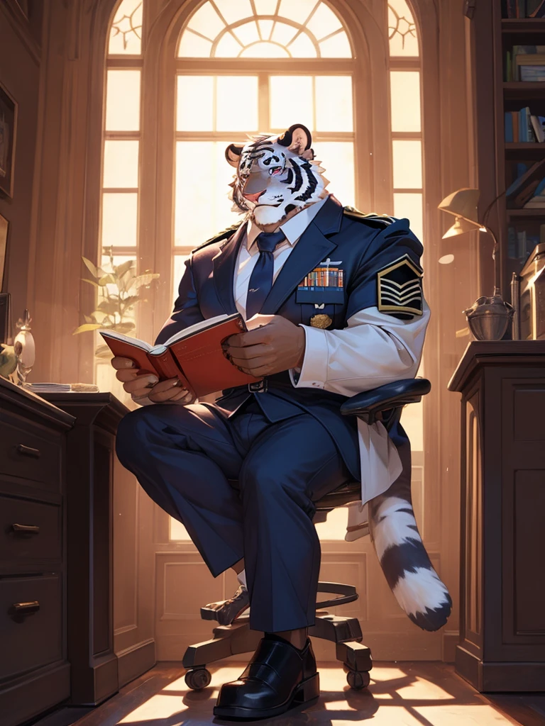 {{bara extremely handsome white tiger,}} {{white fur,}} white, wearing military like purple trench coat purple trousers and white dress shirt and necktie, white fluffy furry body and limbs, loafers, very tall, very broad shoulders, narrow waist, muscular arms, massive pecs, purple eyes, very long legs, sitting on swivel chair with legs spread, reading file, sophisticated smart look, full body, sunlight casting over, 3/4 view, best quality, high quality, silver earring on left ear, dead stare, cold expression
