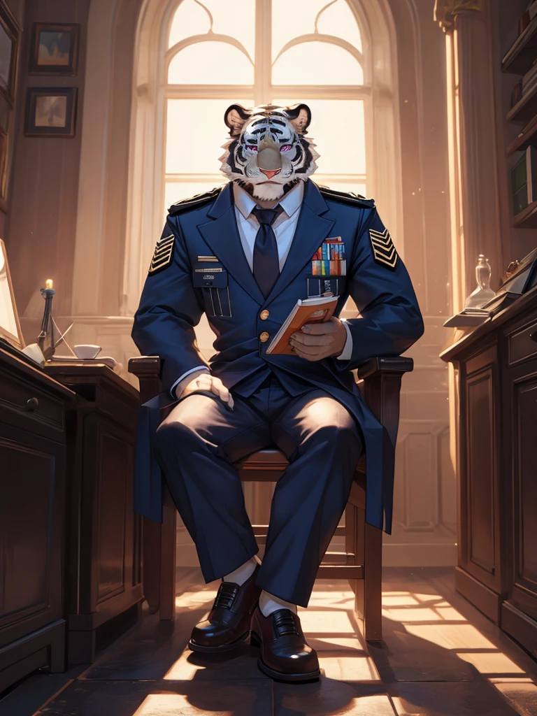 {{bara extremely handsome white tiger,}} {{white fur,}} white, wearing military like purple trench coat purple trousers and white dress shirt and necktie, white fluffy furry body and limbs, loafers, very tall, very broad shoulders, narrow waist, muscular arms, massive pecs, purple eyes, very long legs, sitting on swivel chair with legs spread, reading file, sophisticated smart look, full body, sunlight casting over, 3/4 view, best quality, high quality, silver earring on left ear, dead stare, cold expression