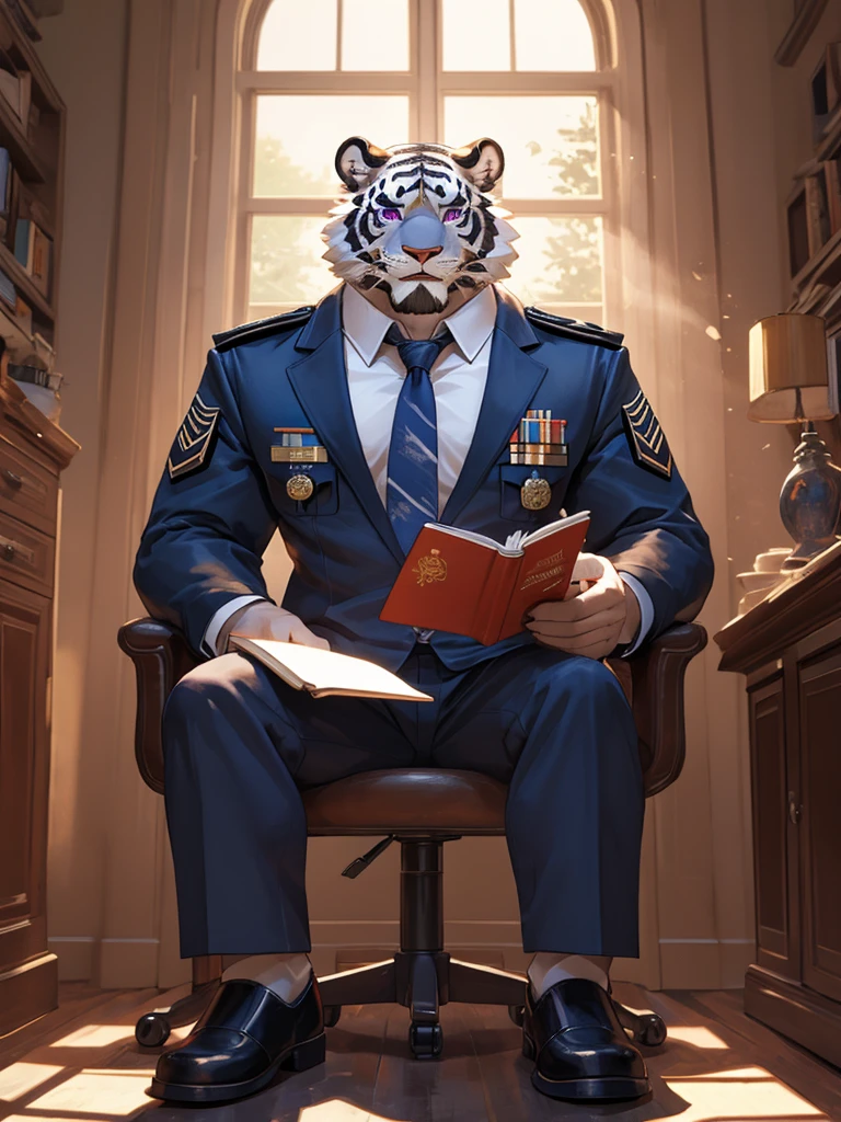 {{bara extremely handsome white tiger,}} {{white fur,}} white, wearing military like purple trench coat purple trousers and white dress shirt and necktie, white fluffy furry body and limbs, loafers, very tall, very broad shoulders, narrow waist, muscular arms, massive pecs, purple eyes, very long legs, sitting on swivel chair with legs spread, reading file, sophisticated smart look, full body, sunlight casting over, 3/4 view, best quality, high quality, silver earring on left ear, dead stare, cold expression