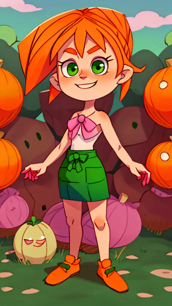 Elizabeth Afton, girl, green eyes, orange hair, long length orange hair, pink bow on her head, evil smug smile, naked, , full body, standing, outside the house. 