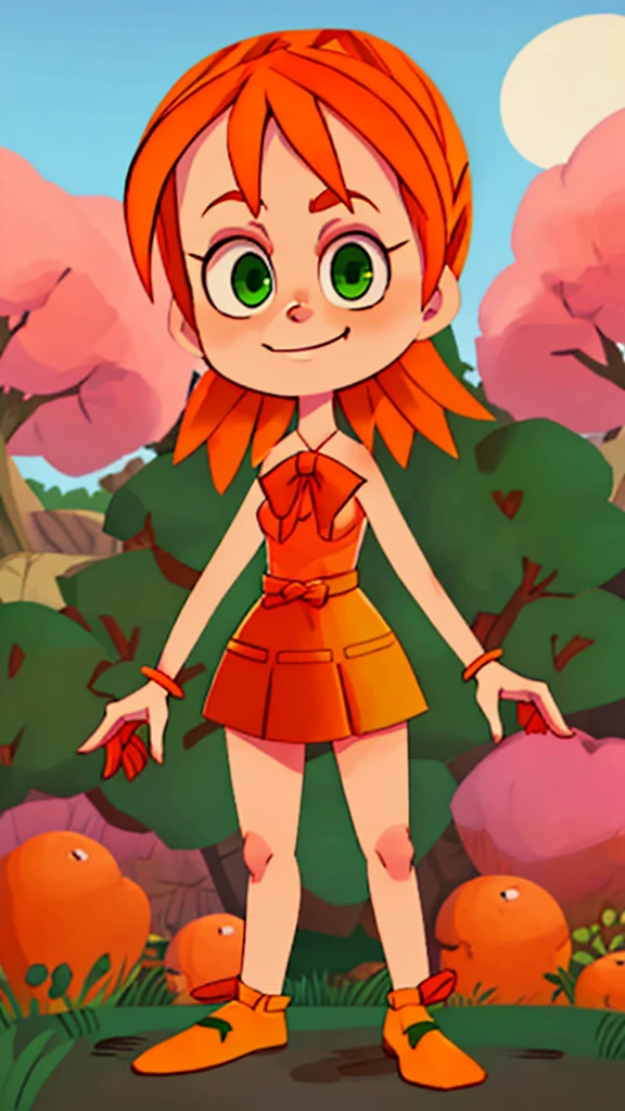 Elizabeth Afton, girl, green eyes, orange hair, long length orange hair, pink bow on her head, evil smug smile, naked, , full body, standing, outside the house. 