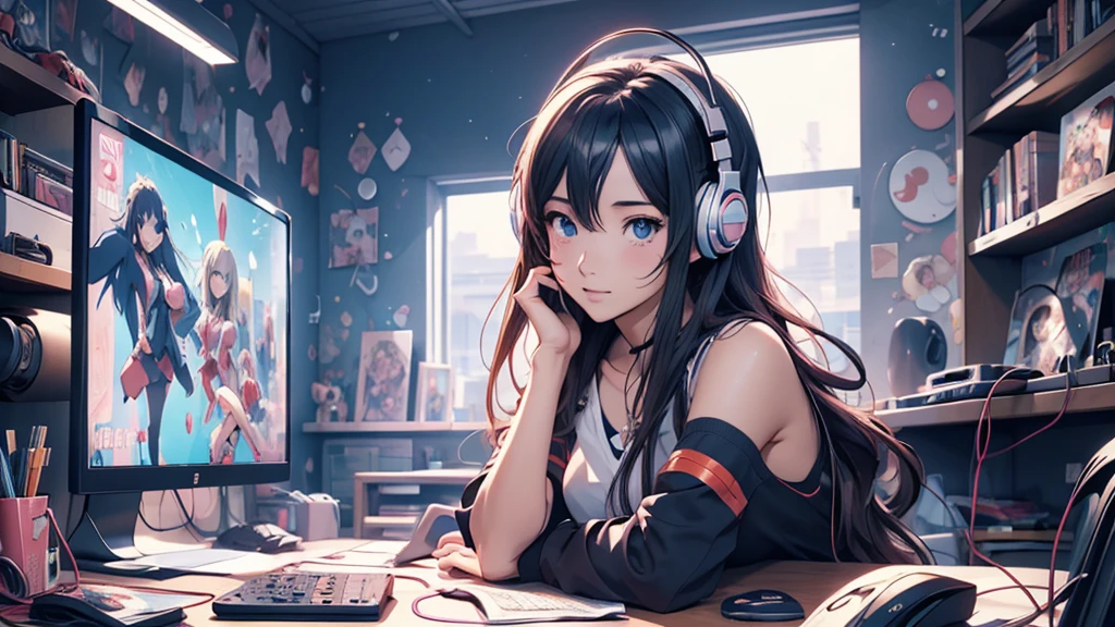 Woman wearing headphones, Anime Style 4 k, anime wallpaper 4k, anime wallpaper 4k, 4k anime wallpaper, anime art wallpaper 4k, anime art wallpaper 4k, Anime Style. 8K, Anime atmosphere, , Ultra HD Anime Wallpaper, Anime Art Wallpaper 8K, Anime Background,landscape、study、machine、room、pc