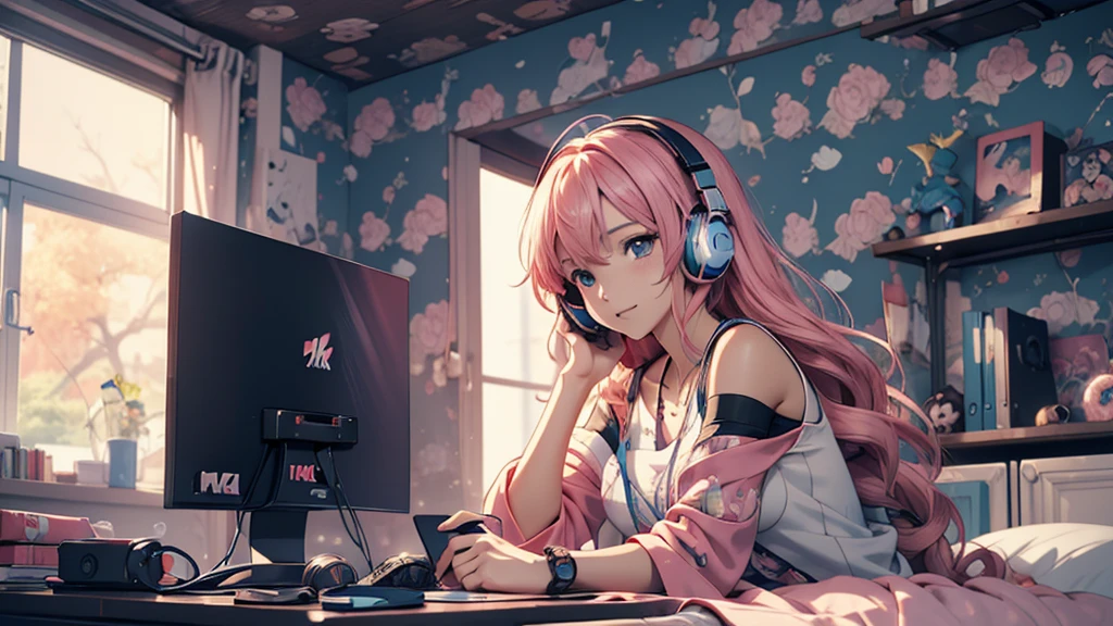 Woman wearing headphones, Anime Style 4 k, anime wallpaper 4k, anime wallpaper 4k, 4k anime wallpaper, anime art wallpaper 4k, anime art wallpaper 4k, Anime Style. 8K, Anime atmosphere, , Ultra HD Anime Wallpaper, Anime Art Wallpaper 8K, Anime Background,landscape、study、machine、room、pc