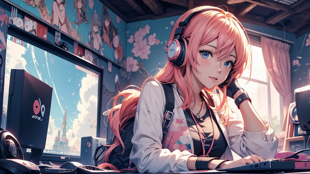 Woman wearing headphones, Anime Style 4 k, anime wallpaper 4k, anime wallpaper 4k, 4k anime wallpaper, anime art wallpaper 4k, anime art wallpaper 4k, Anime Style. 8K, Anime atmosphere, , Ultra HD Anime Wallpaper, Anime Art Wallpaper 8K, Anime Background,landscape、study、machine、room、pc