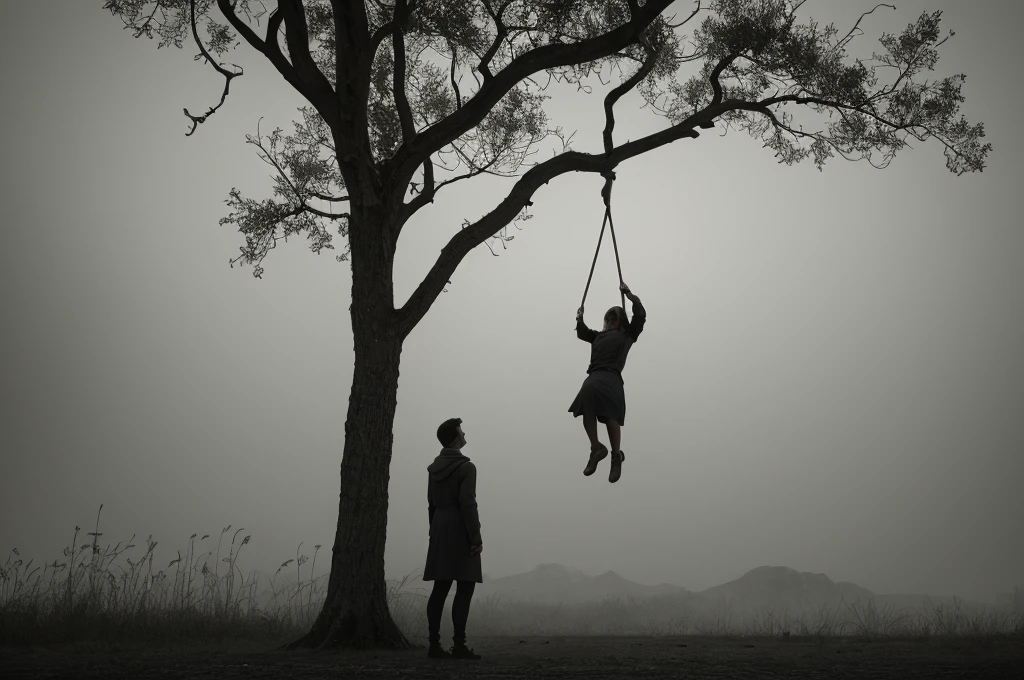 A haunting masterpiece, of unparalleled quality, showcasing a tragic scene of a teenage girl hanging from a tree. The rope around her neck, reminiscent of a hangman's noose, is rendered in exquisite detail, a testament to the artist's skill. The atmosphere is horrific, laden with sadness and a profound sense of melancholy. The girl's torn clothing is rendered with vibrant colors, contrasting starkly with the somber scene.

The dramatic lighting, inspired by chiaroscuro, creates a cinematic atmosphere, with deep shadows and highlights that evoke a moody, gritty, and dark gothic ambiance. [The character is surrounded by mist, evoking a mysterious and eerie atmosphere. The lighting is dark and atmospheric, with a red smoke adding a touch of sinister ambiance. The image is of the best quality, with a resolution of 4k and HDR enhancement, showcasing the utmost level of detail and realism, sfw, full body shot.]. [8K, Best Quality, Masterpiece, Ultra High Resolution, (highly detailed CG unity 8k wallpaper), (best photo), (best shadows), isometric 3D, octane rendering, ray tracing, highly detailed, (Best quality, 4K, 8k, A high resolution, masterpiece:1.2), absurdity, masterpiece, ultra detailed, (realistic, photorealistic, photorealistic:1.37), complex parts, HDR, (complex parts:1.12), (hyper detailed, hyper realistic, Soft lighting, spicy:1.2), (complex parts, Hyper detailed:1.15). Blurred foreground. (backlit), realistic, masterpiece, high quality, brightness, chromatic aberration, 8k uhd, some smoke, shadows, contrast, clear sky, (warm hue, warm tone), high details, natural reflections]. 