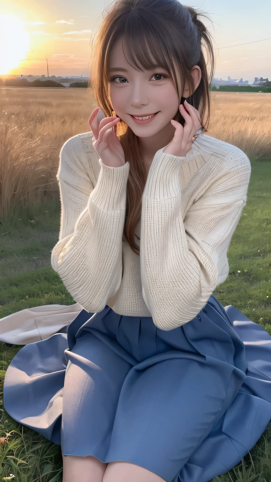 closeup shot , Best picture quality (8K, high resolution, Masterpiece: 1.2), super detailed, 215 Short Hair, 16-year-old woman,
situation: In the sunset-colored grassland、A woman blowing soap bubbles。
clothing: Long skirt、Lightweight sweater、sneakers。
angle:
Close-up: Soap bubbles illuminated by the setting sun、A detailed view of a woman's face against a sunset。
Detailed depiction: The beautiful sunset sky、With the vast grassland as a background、Emphasise the romantic atmosphere。
Emotional moment: Enjoying the sunset and bubbles、Capture the moment soap bubbles sparkle in the light of the setting sun。
, Close-up of face
, random cute pose ,big eyes ,Puffy eyes , Heart Pupil, blush , huge shy smile , salute