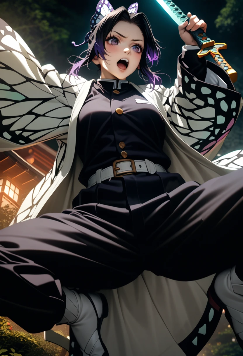 k0ch0ush1n0bu, shinobu kochou, animal print, black hair, butterfly, butterfly hair ornament, butterfly print, forehead, gradient hair, hair ornament, haori, multicolored hair, parted bangs, purple hair, short hair, two-tone hair,belt, black pants, butterfly print, coat, demon slayer uniform, haori, japanese clothes, pants, uniform,,1  japanese muscular girl,perfect hands,perfect anatomy, masterpiece, best quality,realistic, hyperrealistic, 16k hdr,medium breasts,outdoor,night,japanese old garden,(angry:0.8),red blush,dynamic pose,dynamic angle,(jump,in the air:1.2),(from below,spread legs:1.2),(holding japanese sword,butterfly shaped sword guard:1.3) 