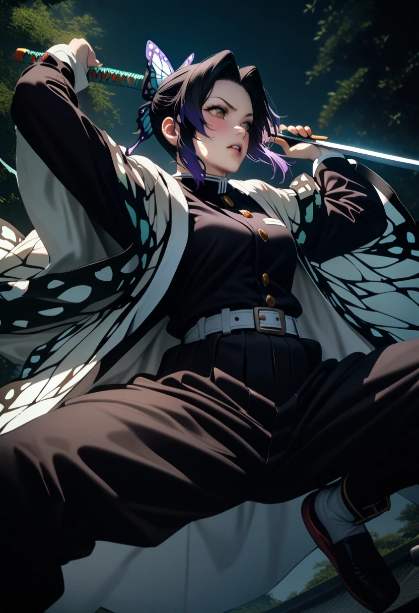 k0ch0ush1n0bu, shinobu kochou, animal print, black hair, butterfly, butterfly hair ornament, butterfly print, forehead, gradient hair, hair ornament, haori, multicolored hair, parted bangs, purple hair, short hair, two-tone hair,belt, black pants, butterfly print, coat, demon slayer uniform, haori, japanese clothes, pants, uniform,,1 japanese muscular girl,perfect hands,perfect anatomy, masterpiece, best quality,realistic, hyperrealistic, 16k hdr,medium breasts,outdoor,night,japanese old garden,(angry:0.8),red blush,dynamic pose,dynamic angle,(jump,in the air:1.2),(from below,spread legs:1.2),(holding japanese sword,butterfly shaped sword guard:1.3)