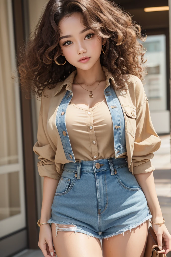 Caucasian woman with curly hair wearing a beige shirt and denim shorts