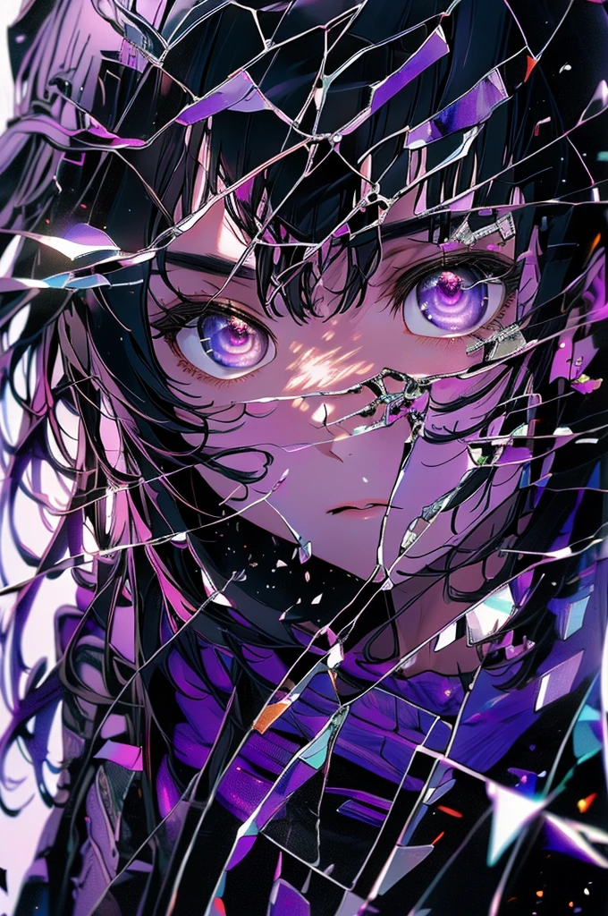 Masterpiece, highres, finely details, female, black hair, with bangs, purple eyes, black clothes, glass., shina mahiiru