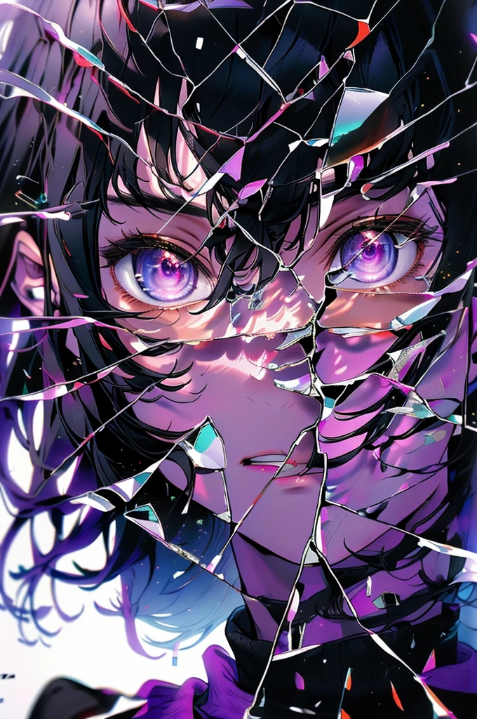 Masterpiece, highres, finely details, female, black hair, with bangs, purple eyes, black clothes, glass., shina mahiiru