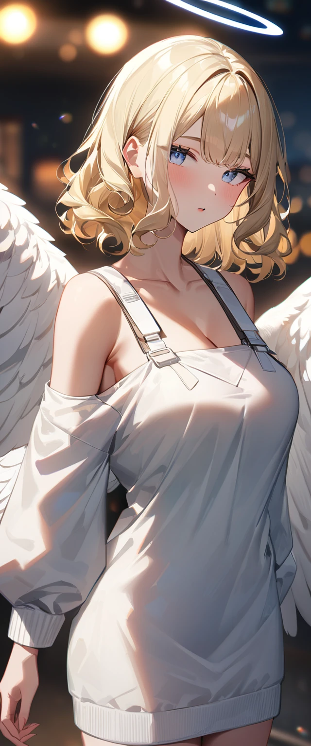 ((angel, big big white wings:1.2, halo:1.3)), full wing, ((tanned skin:1.1)), flying in the sky, ((wavy hair)), evening, Sunset, sea, beach, ((blond hair, bob cut:1.3)), big breasts, teenager, (looking at viewer), oversized clothes, puffy long sleeves, collarbone, ((off-shoulder sweater dress:1.3, Quite thick shoulder straps)), (((sleeves past wrists:1.3))), ((white sweater)), collarbone, head tilt:1.3, (((blue eye))), ((happy smile)), (((anime style))), (best quality, 4K, 8K, highres, masterpiece:1.2, ultra-detailed, ultra-detailed eyes, HDR, uhd, studio lighting, ultra-fine painting, sharp focus, physically-based rendering, extreme detail description, professional, vivid colors, bokeh), ((Highest quality, Best image quality, Ultra-high resolution, Ultra-high resolution, solo, Strong eye highlights)), Depth of written boundary, Natural soft light, attractive, Beautiful Face, Cleanliness, Pure Face, medium chest, Beautiful Face, Perfect Fingers, Perfect hands, Perfect body, Perfect Face, Shine a light into your eyes, Perfect Anatomy