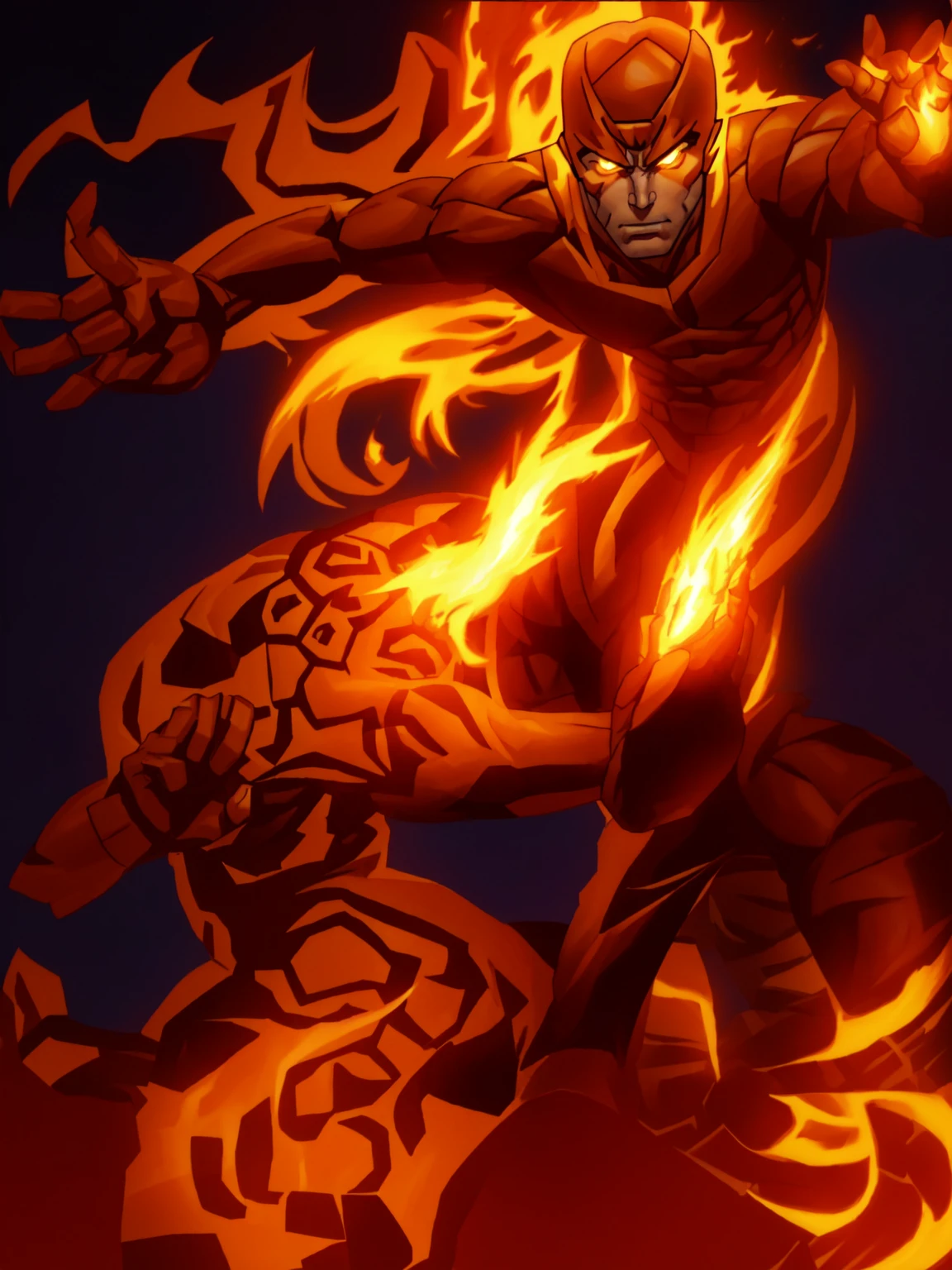 a cartoon of Marvel comic book characters 'The Thing' and 'The Human Torch'. The Thing is an orange rock man in a blue shorts, positing on rock super hero pose, from the thing, high detail iconic character, posing for a fight intricate, crouching humanoid, the thing, most strongest pose, clenching, by Robert Richenburg, fighting pose, buff man, heroic masculine pose, aggressive pose, serpentine pose gesture. The Human Torch is a man on fire, he has yellow eyes and mouth and a red body.