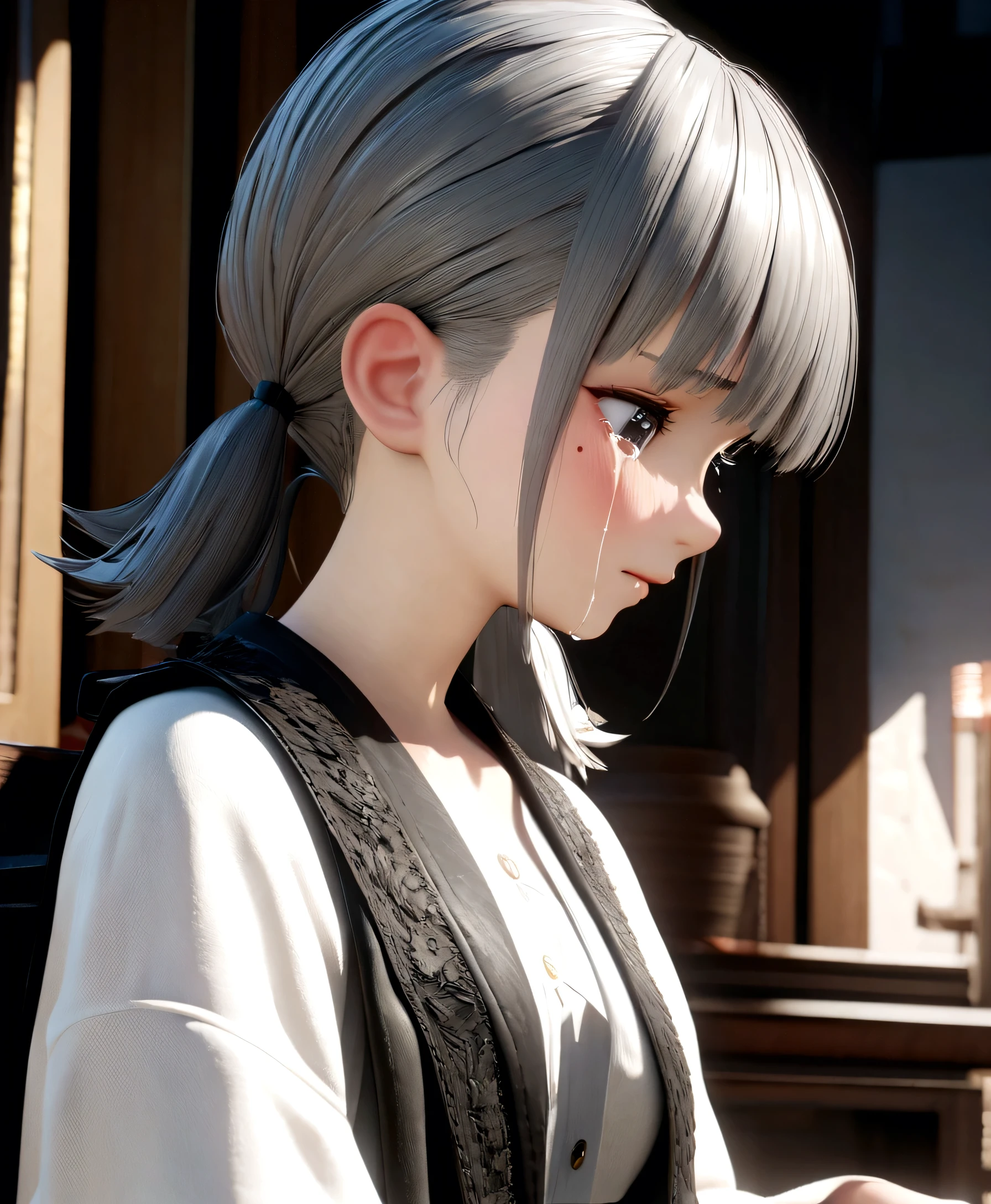 masterpiece, Highest quality, Very detailed, High resolution, High resolution, High resolution, 4K, 8K, unity 8k wallpaper, Very detailed CG, masterpiece, 2d, 3d, Beautiful details, depth, Fine texture, Highest quality: 1.3, Perfect focus, Crispy skin, he, very cute, Girls in their 20s, Short pigtails, Mole under eye,(( Profile of a girl crying while looking down))