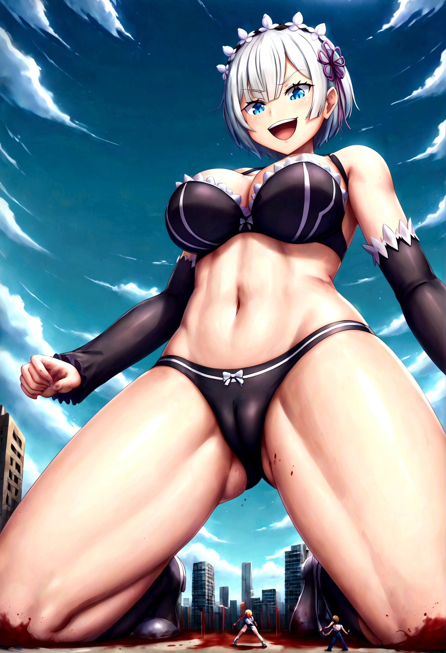 anime giantess,giant monster girl, laughing out loud,Tentacles,looking down,storm,giant body,epic,serious situation,giantess,giantess art work、Re:Zero、full body、lightning、Destroyed urban area、rubble、freeing people,fighting battle tanks、HQ、high resolution、Blood droplets、Blood splatter、trample