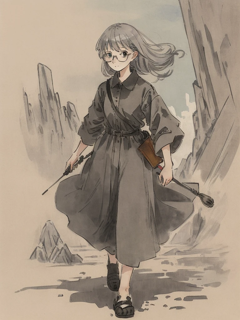 Masterpiece, Highest quality, Low Contrast((must)), A Russian girl in her early 20s with ash grey hair, Head to toe full body, wearing simple eyeglasses, searching in the World heritages, The face is dense((must)), Archaeologist, academic