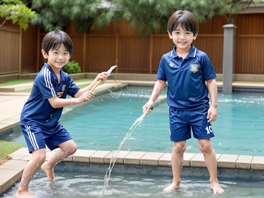 夏休みのprimary school校、Pool、primary school５Grade、Japan Boy、Glowing water splashes、A good boy dripping with water、Playing innocently、hot day、Two Boys、Various poses、Short sleeve gym uniform、Blue shorts、physical education、barefoot，（Boy 1.4）、Boys only 、(１０Age 1.４)