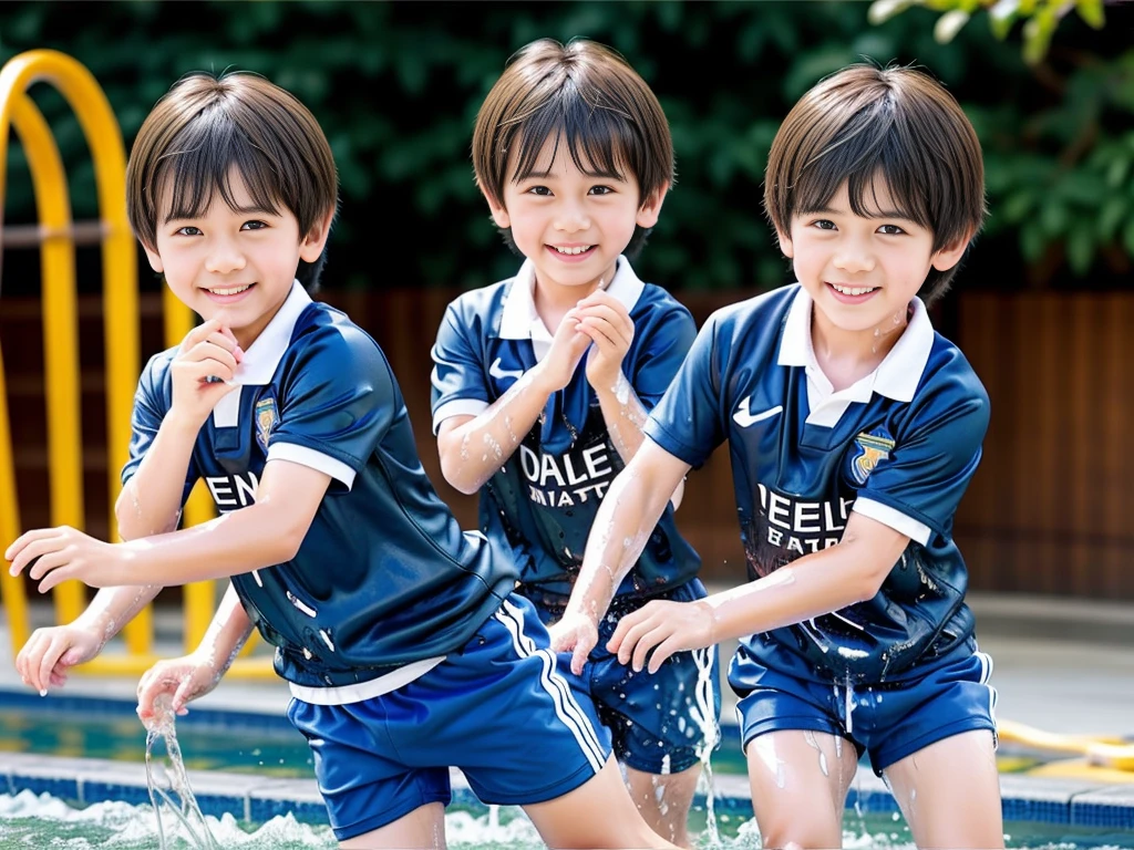 夏休みのprimary school校、Pool、primary school5Grade、Japan Boy、Glowing water splashes、A good boy dripping with water、Playing innocently、hot day、Two Boys、Various poses、Short sleeve gym uniform、Blue shorts、physical education、barefoot,(Boy 1.4)、Boys only 、(10Age 1.4)