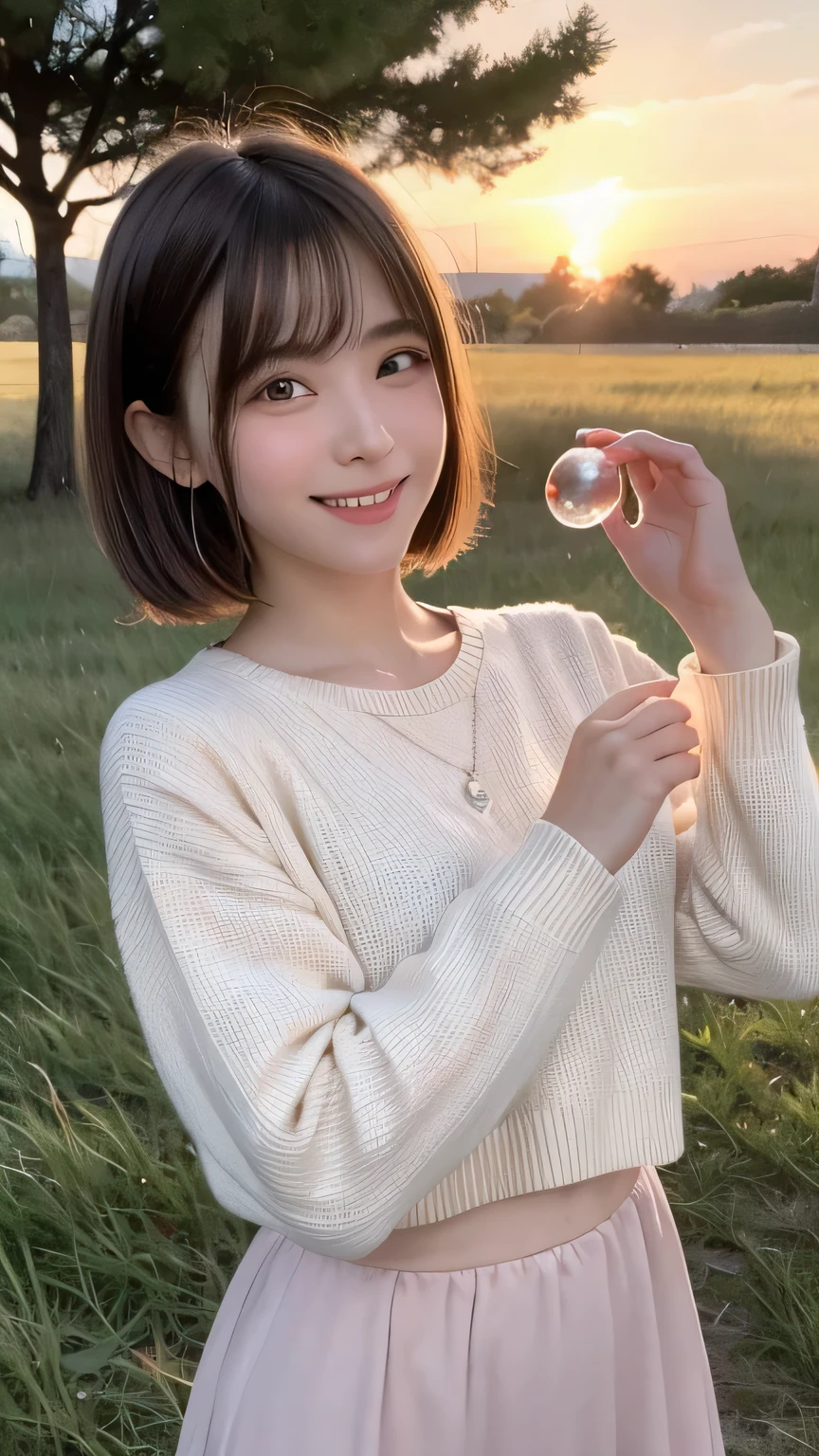 closeup shot , Best picture quality (8K, high resolution, Masterpiece: 1.2), super detailed, 215 Short Hair, 16-year-old woman,
situation: In the sunset-colored grassland、A woman blowing soap bubbles。
clothing: Long skirt、Lightweight sweater、sneakers。
angle:
Close-up: Soap bubbles illuminated by the setting sun、A detailed view of a woman's face against a sunset。
Detailed depiction: The beautiful sunset sky、With the vast grassland as a background、Emphasise the romantic atmosphere。
Emotional moment: Enjoying the sunset and bubbles、Capture the moment soap bubbles sparkle in the light of the setting sun。
, Close-up of face
, random cute pose ,big eyes ,Puffy eyes , Heart Pupil, blush , huge shy smile , salute