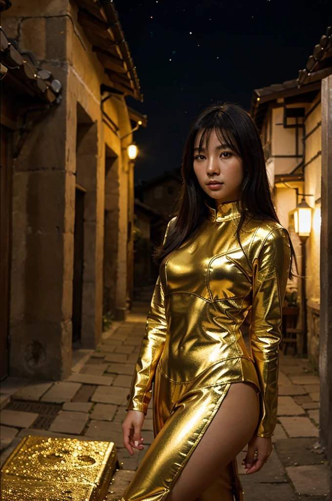 Asian girl in golden outfit of galaxy knight with background in an ancient village